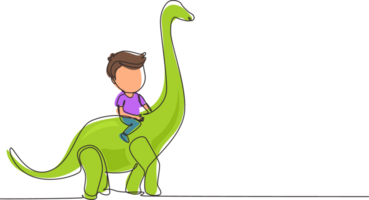 Continuous one line drawing boy caveman riding t-rex tyrannosaurus. Young kid sitting on back of dinosaur. Stone age children. Ancient human life. Single line draw design graphic illustration png