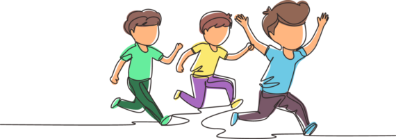 Single continuous line drawing children in athletics competitions. The boys run in stadium and finish. The child came running first and won. Dynamic one line draw graphic design illustration png