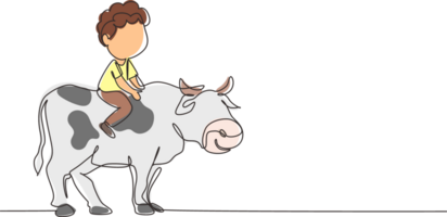 contínuo 1 linha desenhando feliz pequeno Garoto equitação vaca. alegre criança sentado em costas vaca com selim dentro rancho chão. crianças Aprendendo para passeio vaca. solteiro linha desenhar Projeto gráfico ilustração png