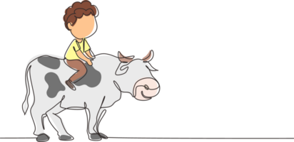 continu un ligne dessin content peu garçon équitation vache. de bonne humeur enfant séance sur retour vache avec selle dans ranch sol. des gamins apprentissage à balade vache. Célibataire ligne dessiner conception graphique illustration png