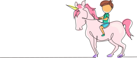 Continuous one line drawing happy cute boy riding cute unicorn. Child sitting on back unicorn in fairy tale dream. Kids learning to ride unicorn. Single line draw design graphic illustration png