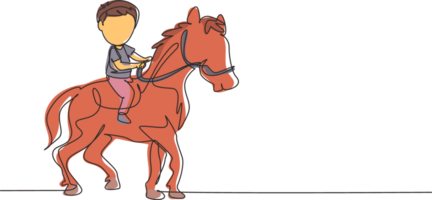 Single continuous line drawing happy cute boy riding cute horse. Child sitting on back horse with saddle in ranch park. Kids learning to ride horse. One line draw graphic design illustration png