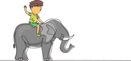 single een lijn tekening gelukkig weinig jongen rijden olifant. kind zittend Aan terug olifant en reizend. kinderen aan het leren naar rijden olifant. modern doorlopend lijn trek ontwerp grafisch illustratie png