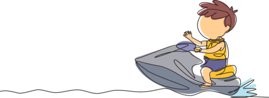 continu un ligne dessin actif garçon équitation jet ski. content souriant enfant avec monte l'eau scooter sur océan vagues. été l'eau sport concept. Célibataire ligne dessiner conception graphique illustration png