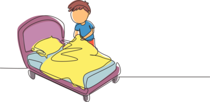 Single continuous line drawing little boy making the bed. Kids doing housework chores at home concept. Kids routine after waking up to tidy up the bed. One line draw graphic design illustration png