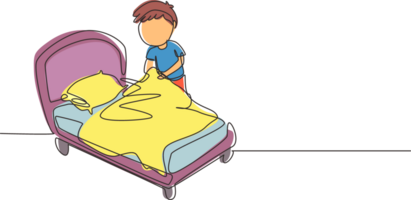 Single kontinuierlich Linie Zeichnung wenig Junge Herstellung das Bett. Kinder tun Hausarbeit Hausarbeit beim Zuhause Konzept. Kinder Routine nach aufwachen oben zu aufgeräumt oben das Bett. einer Linie zeichnen Grafik Design Illustration png