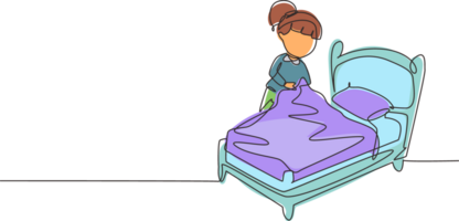 Continuous one line drawing cute girl making the bed. Kids doing housework chores at home concept. Kids routine after waking up to tidy up the bed. Single line draw design graphic illustration png