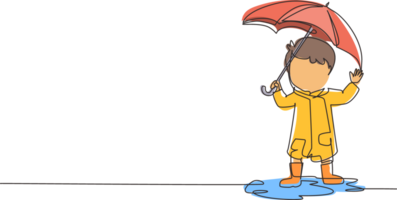 continu un ligne dessin peu garçon jouer porter imperméable et parapluie. enfant en jouant dans pluie. enfant dans imperméable et caoutchouc bottes pièces dans pluie, flaque éclaboussures. Célibataire ligne dessiner conception graphique png