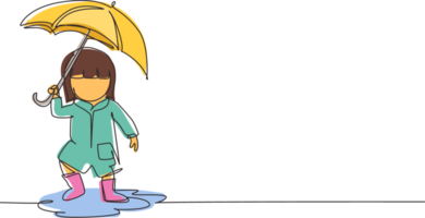 continuo uno línea dibujo pequeño niña jugar vestir impermeable y sombrilla. niño jugando en lluvia. niño en impermeable y caucho botas obras de teatro en lluvia, charco salpicando soltero línea dibujar diseño gráfico png