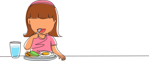 continuo uno línea dibujo niña comiendo sano Mañana desayuno alimento. contento niño comer delicioso comida con Leche a hogar. colegio niña disfrutando plato. soltero línea dibujar diseño gráfico ilustración png