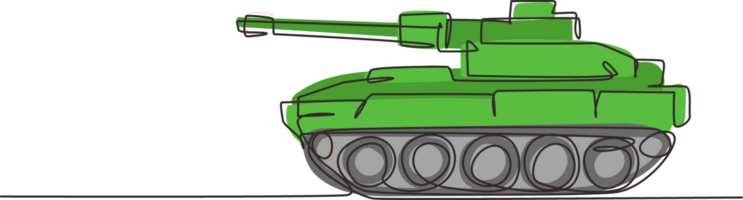 solteiro 1 linha desenhando crianças brinquedo batalha tanque. verde tanque, blindado combate veículos. militares transporte unidade. crianças brinquedos entretenimento. contínuo linha desenhar Projeto gráfico ilustração png