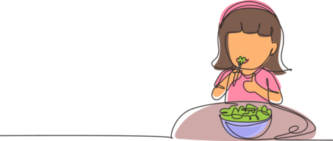 solteiro 1 linha desenhando pequeno menina comendo fresco vegetal salada e mostrando polegar acima placa. criança comendo salada. saudável Comida para crianças. moderno contínuo linha desenhar Projeto gráfico ilustração png