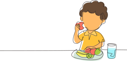 Single one line drawing boy eating fruit. Sitting at table eating apple. Watermelon and banana in tray placed on table at home. Healthy food for kids. Modern continuous line draw design graphic png