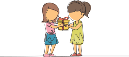 Single one line drawing girl giving her friend birthday ribbon bow gift box. Children excited receiving gift from friend. Child hand over holiday present. Continuous line draw design graphic png