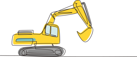 Single continuous line drawing digger hydraulic excavator with dipper. Heavy automobile. Auto in flat design. Children's toy hydraulic excavator. One line draw graphic design illustration png