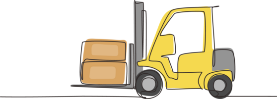 Continuous one line drawing forklift truck with boxes. Heavy automobile. Construction industry and machinery concept. Children's toy forklift truck. Single line draw design graphic illustration png