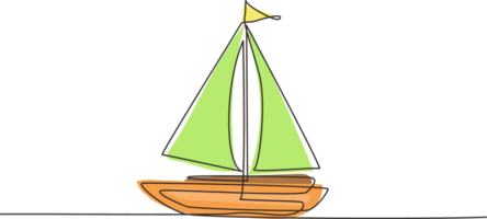 Single one line drawing little sailing ship, boat, sailboat, flat style. Icon or symbol of toy boat, sailing ship, sailboat with white sails. Continuous line draw design graphic illustration png