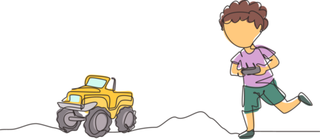 Single one line drawing boy playing with remote-controlled monster truck toy. Kids playing with electronic toy truck with remote control in hands. Continuous line design graphic illustration png