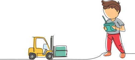 Single one line drawing boy playing with remote-controlled forklift truck toy. Kids playing with electronic toy forklift truck with remote control in hands. Continuous line design illustration png