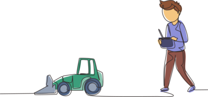 singolo uno linea disegno ragazzo giocando con controllato da remoto bulldozer giocattolo. bambini giocando con elettronico giocattolo bulldozer con a distanza controllo nel mani. continuo linea design grafico illustrazione png