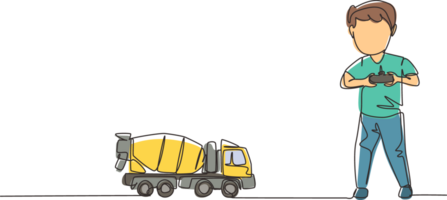 continu un ligne dessin garçon en jouant avec Télécommandé mixer un camion jouet. mignonne des gamins en jouant avec électronique jouet mixer un camion avec éloigné contrôle dans mains. Célibataire ligne dessiner conception graphique png