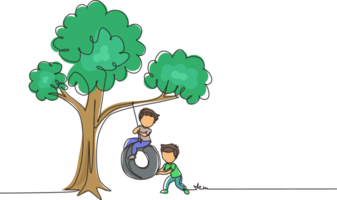 Single continuous line drawing happy two boys playing tire swing under tree. Cute kids swinging on tire hanging from tree. Children playing in garden. One line draw graphic design illustration png