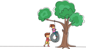 Single one line drawing happy boys and girls playing tire swing under tree. Kids swinging on tire hanging from tree. Children playing in garden. Continuous line draw design graphic illustration png