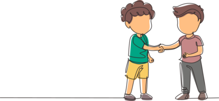 Single one line drawing boys standing and shaking hands making friendship. Children introduce themselves. Cute boys touching each other's hand. Continuous line draw design graphic illustration png