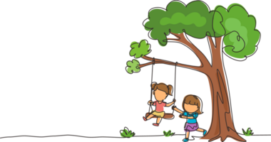 Single einer Linie Zeichnung glücklich zwei Mädchen spielen auf Baum schwingen. heiter Kinder auf schwingen unter ein Baum. Kinder spielen beim Spielplatz. modern kontinuierlich Linie zeichnen Design Grafik Illustration png