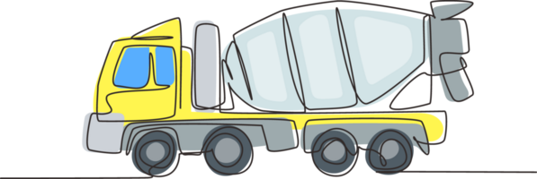 Single continuous line drawing Concrete mixer truck with view from side. Heavy automobile. Auto in flat design. Children's toy mixer truck. Dynamic one line draw graphic design illustration png