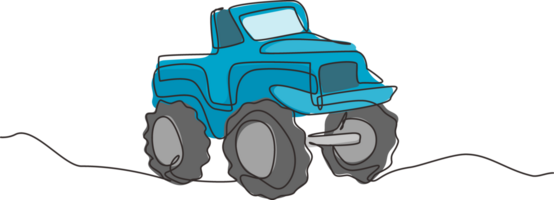 Single continuous line drawing big monster truck. Cartoon funny style. Side view. Extreme automobile. Auto in flat design. Childrens toy monster truck. One line draw graphic design illustration png