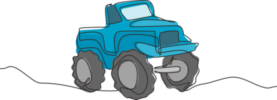 singolo continuo linea disegno grande mostro camion. cartone animato divertente stile. lato Visualizza. estremo automobile. auto nel piatto design. bambini giocattolo mostro camion. uno linea disegnare grafico design illustrazione png