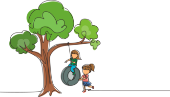 Single one line drawing happy two girls playing tire swing under tree. Cute kids swinging on tire hanging from tree. Children playing in garden. Continuous line draw design graphic illustration png