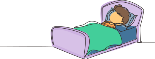 singolo uno linea disegno carino ragazzo addormentato su stasera sogni, bene notte e dolce sogni. contento poco bambino dormire nel letto camera. ragazzo dormendo. continuo linea disegnare design grafico illustrazione png