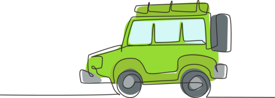 kontinuierlich einer Linie Zeichnung Auto aus Straße. Karikatur komisch Stil. Seite Sicht. schön Automobil. Auto im eben Design. Kinder- Spielzeug aus Straße Wagen. Single Linie zeichnen Design Grafik Illustration png