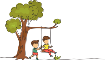 Single continuous line drawing happy two boys playing on tree swing. Cheerful kids on swinging under a tree. Children playing at playground. Dynamic one line draw graphic design illustration png