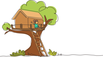 Single continuous line drawing happy child on tree house, little girl playing on children playground, treehouse with wooden ladder, place for kids games on summer. One line draw graphic design png