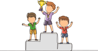 Single continuous line drawing cute boy standing on podium as sport competition winner. Championship celebration. Happy cute kid win game gold trophy. One line draw graphic design illustration png