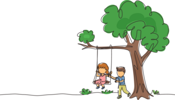 contínuo 1 linha desenhando feliz Rapazes e meninas jogando em árvore balanço. alegre crianças em oscilante debaixo uma árvore. fofa crianças jogando dentro Parque infantil. solteiro linha desenhar Projeto gráfico ilustração png
