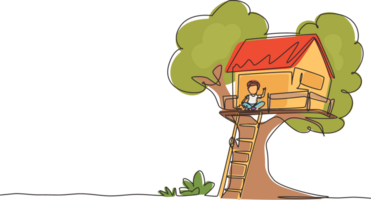 continuo uno línea dibujo niño en árbol casa, pequeño chico jugando en niños patio de juegos, casa del árbol con de madera escalera, sitio para niños juegos en verano. soltero línea diseño gráfico ilustración png