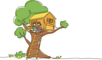 Single continuous line drawing child on tree house, little boy and girl playing on children playground, treehouse with wooden ladder, place for kids games on summer. One line graphic design png