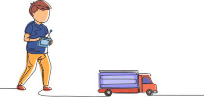 Célibataire continu ligne dessin garçon en jouant avec Télécommandé cargaison un camion jouet. mignonne des gamins en jouant avec électronique jouet cargaison un camion avec éloigné contrôle dans mains. un ligne dessiner graphique conception png