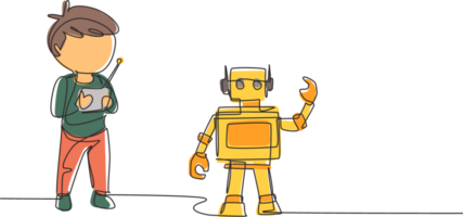 Single one line drawing boy playing with remote-controlled robot toy. Cute kids playing with electronic toy robot with remote control in hands. Continuous line draw design graphic illustration png