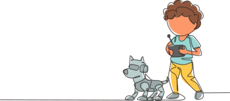 Single one line drawing boy playing with electronic toy dog robot with remote control in hands. Happy kids with remote control robot pet. Modern continuous line draw design graphic illustration png