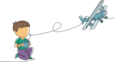 Single einer Linie Zeichnung Junge spielen mit Radio Steuerung Flugzeug. lächelnd Kind kontrolliert fliegend rc Flugzeug. glücklich Kindheit, Hobby, Zeitvertreib Konzept. modern kontinuierlich Linie zeichnen Design Grafik png