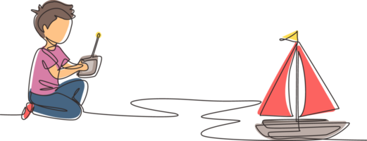 Single continuous line drawing boy playing with remote-controlled sailboat toy. Kids playing with electronic sailboat toy with remote control in hands. One line draw graphic design illustration png