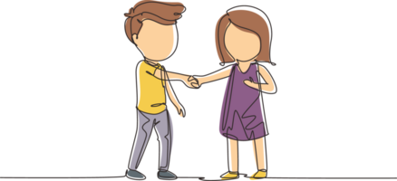 Single one line drawing boys and girls standing and shaking hands making friendship. Children introduce themselves. Kids touching each other's hand. Continuous line design graphic illustration png