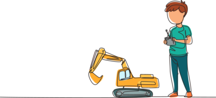 Single continuous line drawing boy playing with remote-controlled excavator toy. Kids playing with electronic toy excavator with remote control in hands. One line graphic design illustration png