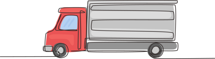 Single continuous line drawing cargo truck for shipment. Delivery of cargo. Heavy automobile. Auto in flat design. Children's toy cargo truck. Dynamic one line draw graphic design illustration png