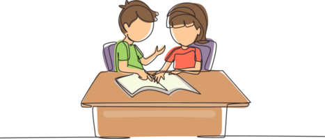 Continuous one line drawing children pupils studying together while boy explains to girl pointing at their notebook. Kids makes homework from school. Single line design graphic illustration png